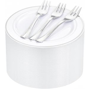 WELLIFE 240PCS Silver Plastic Dessert Plates - Includes 120PCS Silver Forks, 120PCS 6.3 Inch Salad & Appetizer Plates - Perfect for Wedding & Party