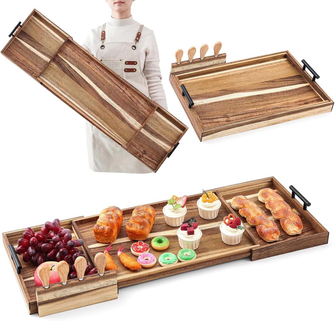 Lounsweer Acacia Large Charcuterie Board with Handles and Knife Set Expandable 19.6 to 36 Inch XL Wood Serving Tray Long Cheese Platter for Party Gatherings Entertaining House Gift(Double-Side Pull)
