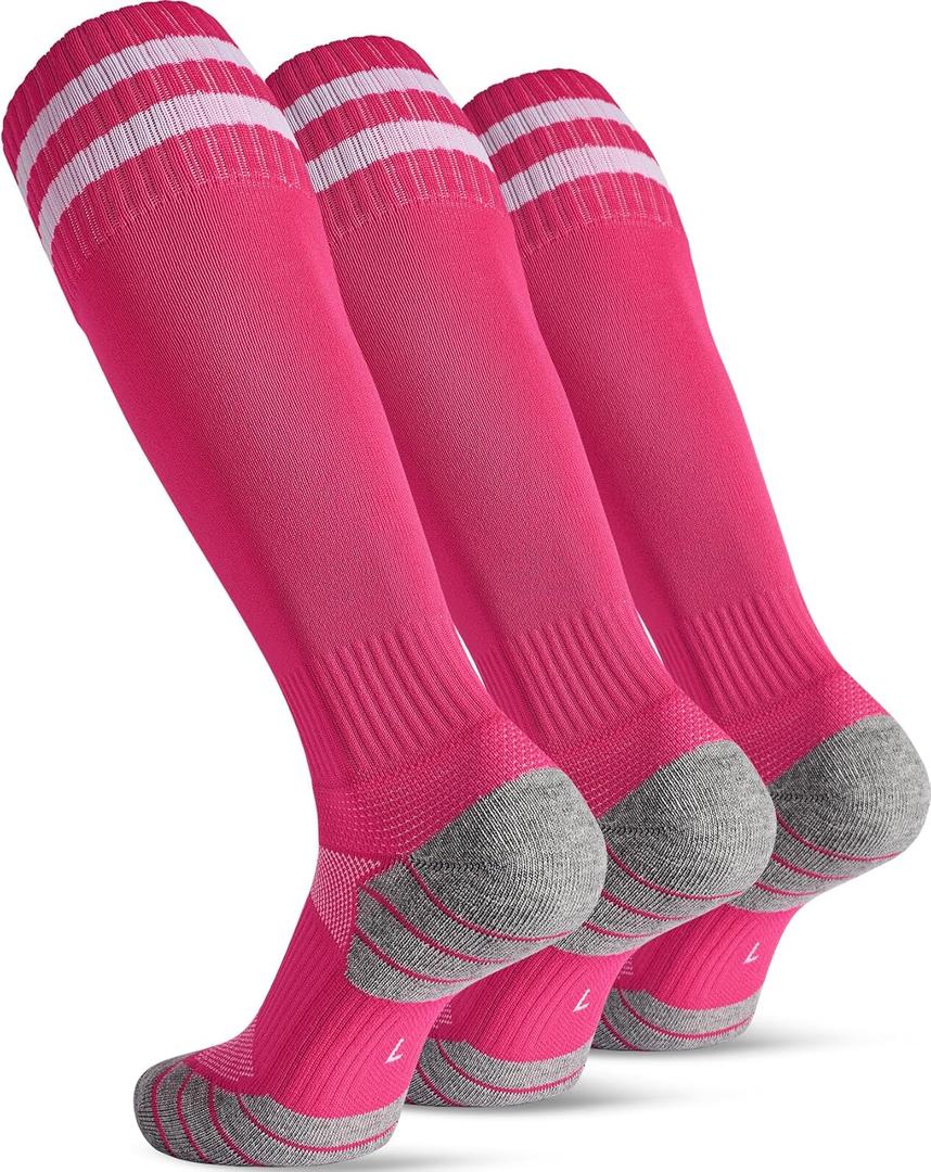 CWVLC Soccer Socks for Kids Youth Adult, Cotton Football Softball Baseball Socks (Large, Pink-3 Pairs)