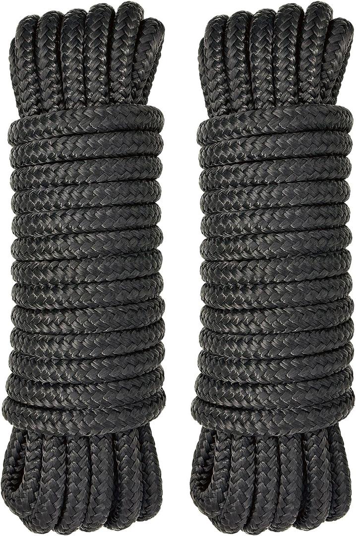 Boat Dock Lines 2 Pack 3/8" x 25' Double Braided Nylon Boat Ropes for Docking with 12" Loop, Marine Grade High Strength Boat Lines, Premium Marine Rope Mooring Lines, Easy Handling, Black
