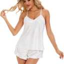 Fivali Women Silk Satin Pajamas Set: 2 Pcs Silk Pjs Cami Ruffle Shorts Set Sleepwear, S-XXL (White, XXL)