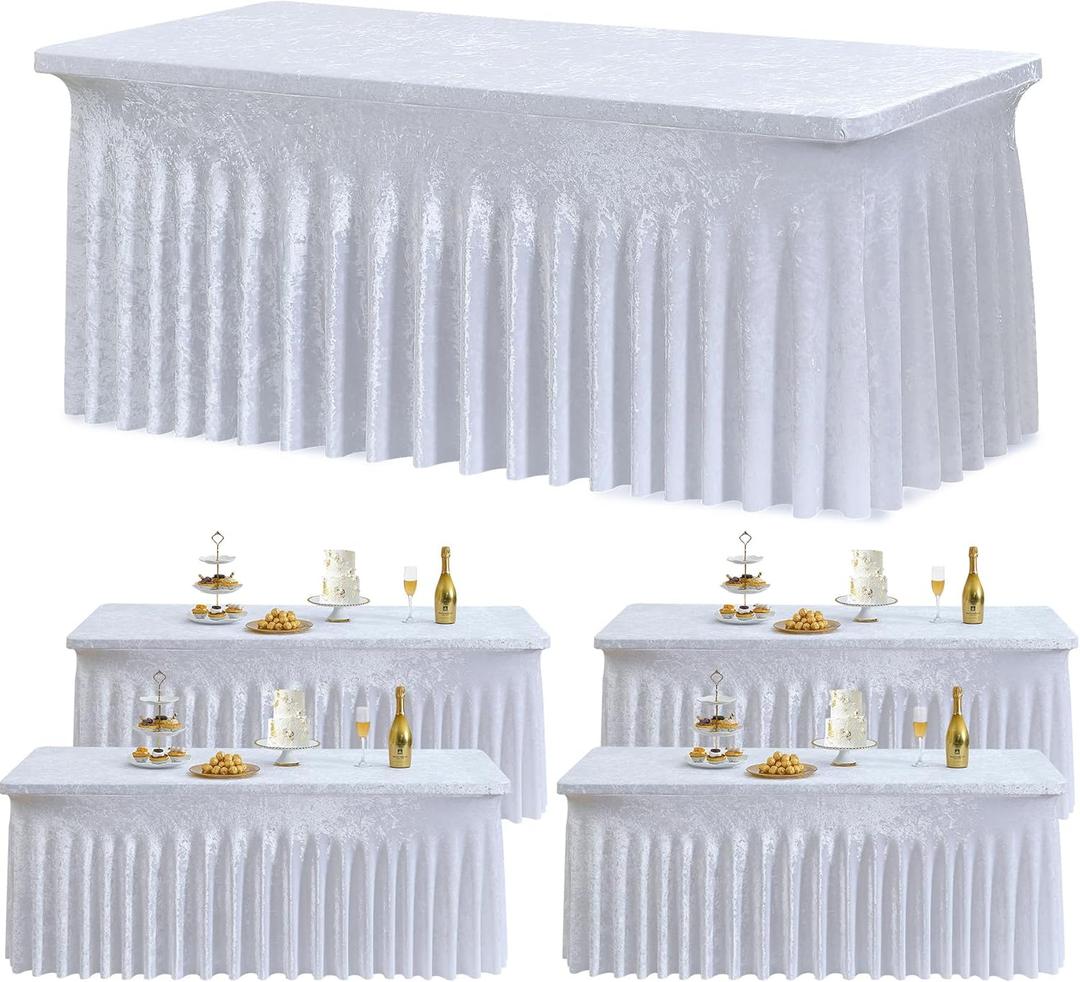 4 Pack White Velvet Table Clothes for 6 Foot Rectangle Tables, Spandex Thick Fitted Table Cover 6ft Soft Tablecloths 90x132 inch Desk Skirt for Parties Weddings Birthday Banquet Baby Shower