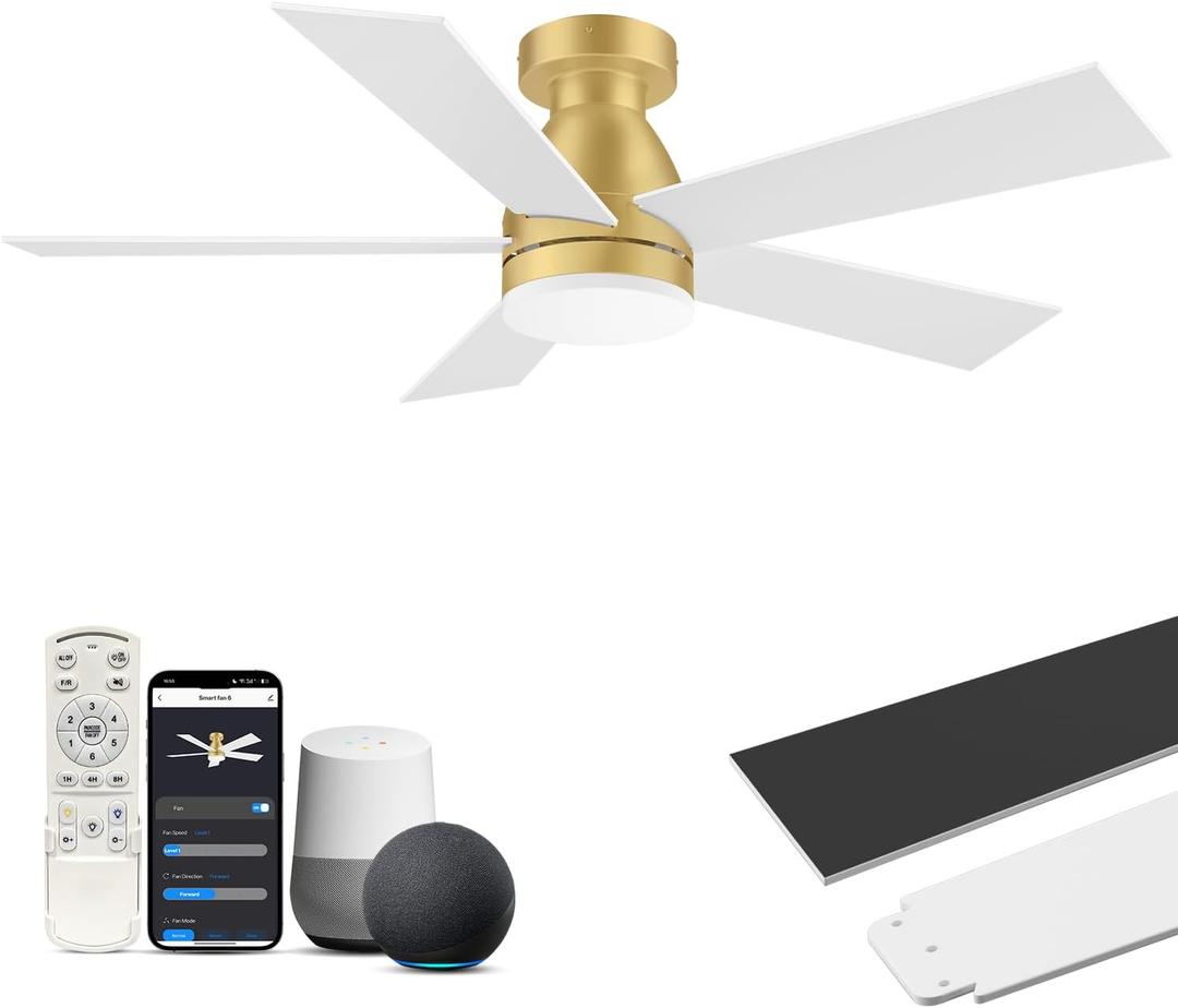 42Inch Smart Ceiling Fans with Lights Remote,Flush Mount,Outdoor,Gold White