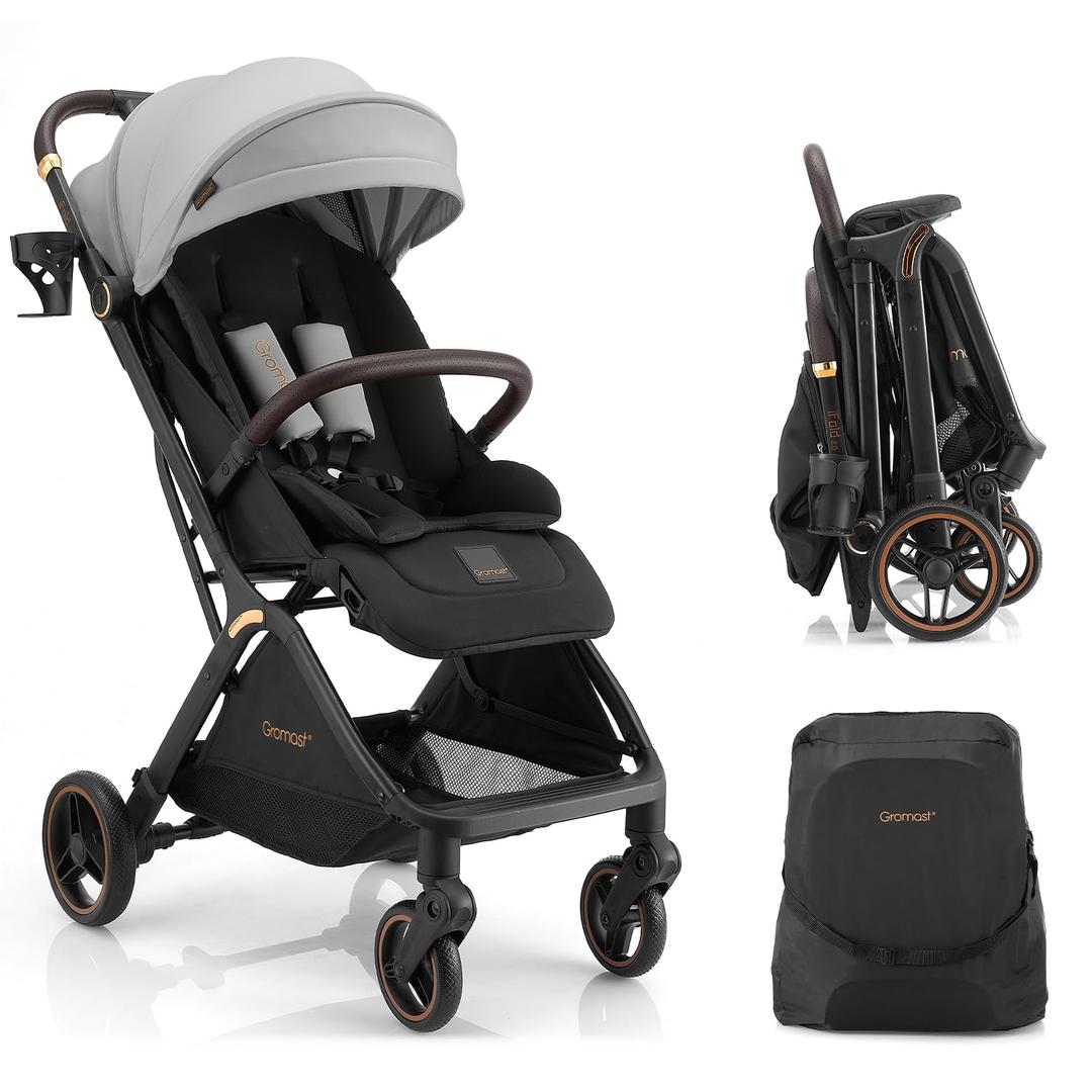 Gromast Gravity Folding Baby Stroller - Portable Travel Toddler Stroller w/Adjustable Backrest, Canopy & Cup Holder, Lightweight and UV Protected, One-Hand Automatic Folding - Light Grey