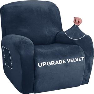 ZNSAYOTX Stretch Velvet Recliner Cover 4-Pieces, Thick Soft Recliner Chair Slipcover with Pocket, Non-Slip Elastic Bottom for Kids Pets, Luxury Plush Reclining Protector Comfy Washable (Navy Blue)