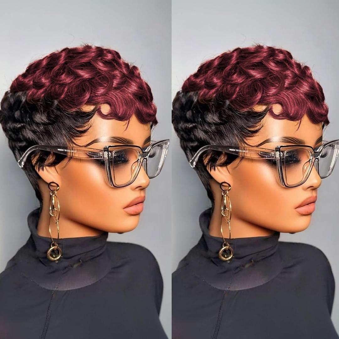 Pixie Cut Culry Human Hair Wig 1b/99j Color Short Pixie Cut Wigs for Black Women Glueless Pixie Curly Wig with Bangs Short Layered Brazilian Virgin Human Hair Wigs For Women (1b/99j)