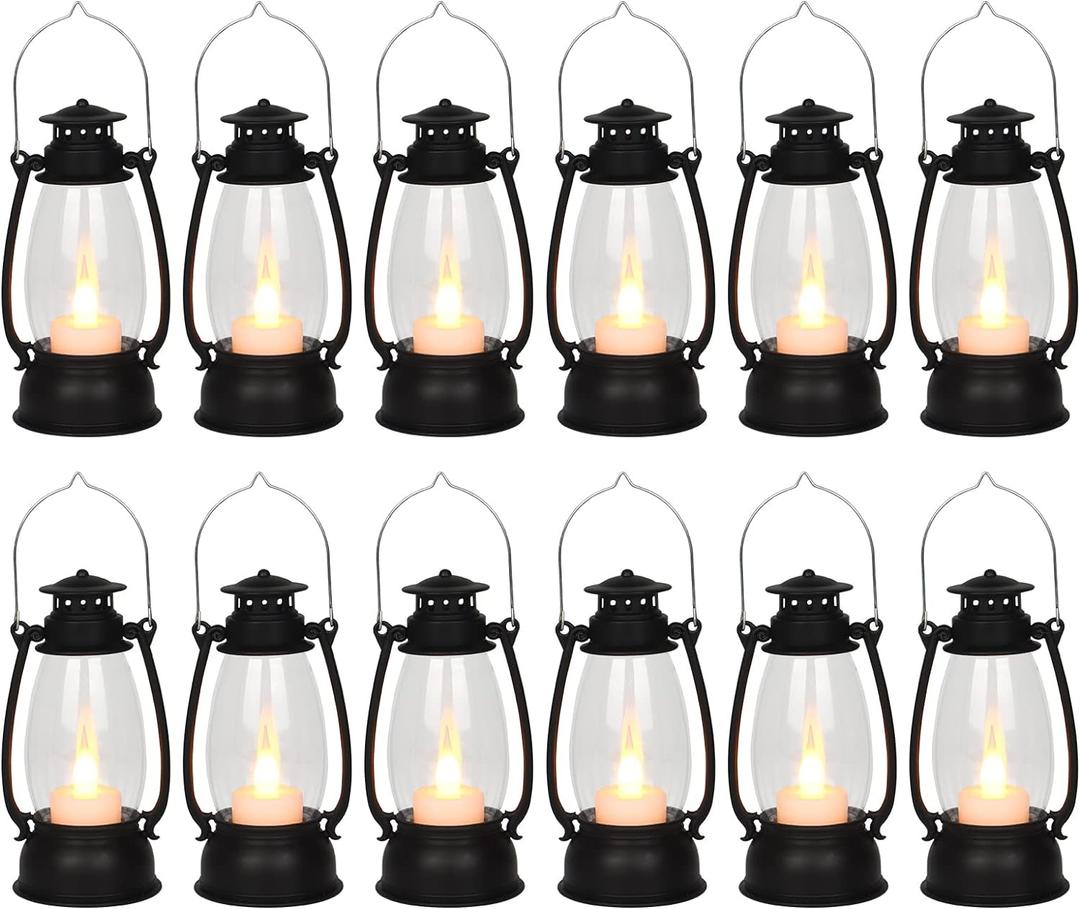 12Pcs Mini Lantern for Cowboy Halloween Christmas Wedding, Black 6" Candle Lantern with Flickering LED for Camping Western Party Decorations, Table Centerpiece, Hanging Lamp Ornaments Bulk