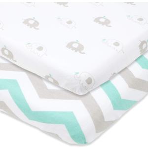 Joey + Joan Bassinet Fitted Sheets 19" x 32" for Cowiewie Bedside Sleeper Bassinet Mattress Pad  Snuggly Soft 100% Jersey Cotton  Grey, Mint  2 Pack