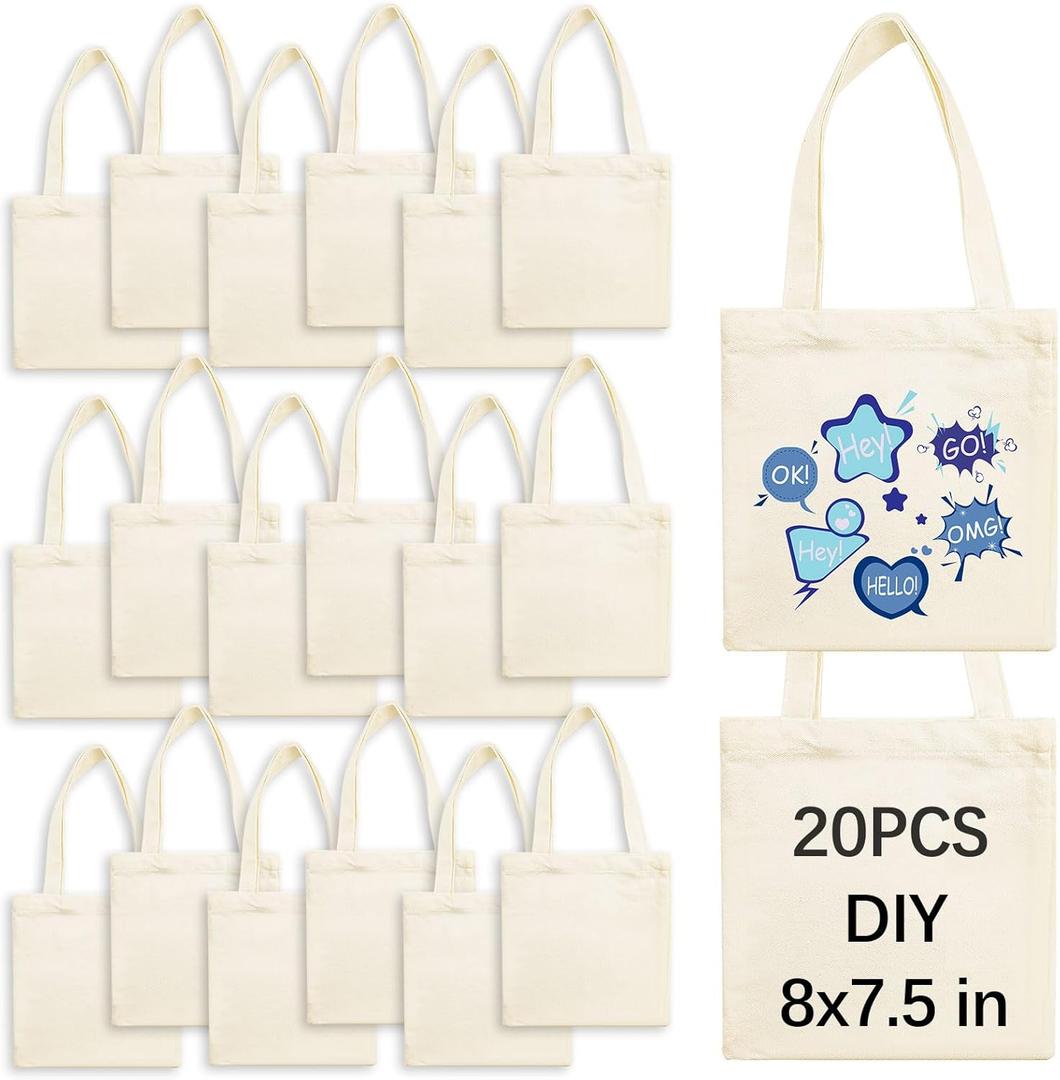 20 Pcs 8X7.5 Inch Sublimation mini tote bags,Blank Canvas Tote Bags Reusable Grocery Bags, small tote bags for kids DIY (Beige)