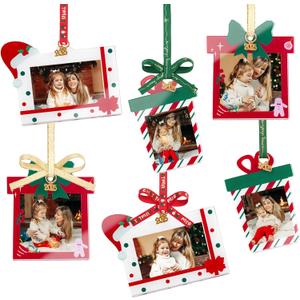 UNIQOOO 2025 Decorative Xmas Gift Acrylic Picture Frame Ornaments for Picture Display, 6Pcs Ribbon Bow Festive Hanging Decoration, Double-Sided Photo Frames for Christmas Tree Decor