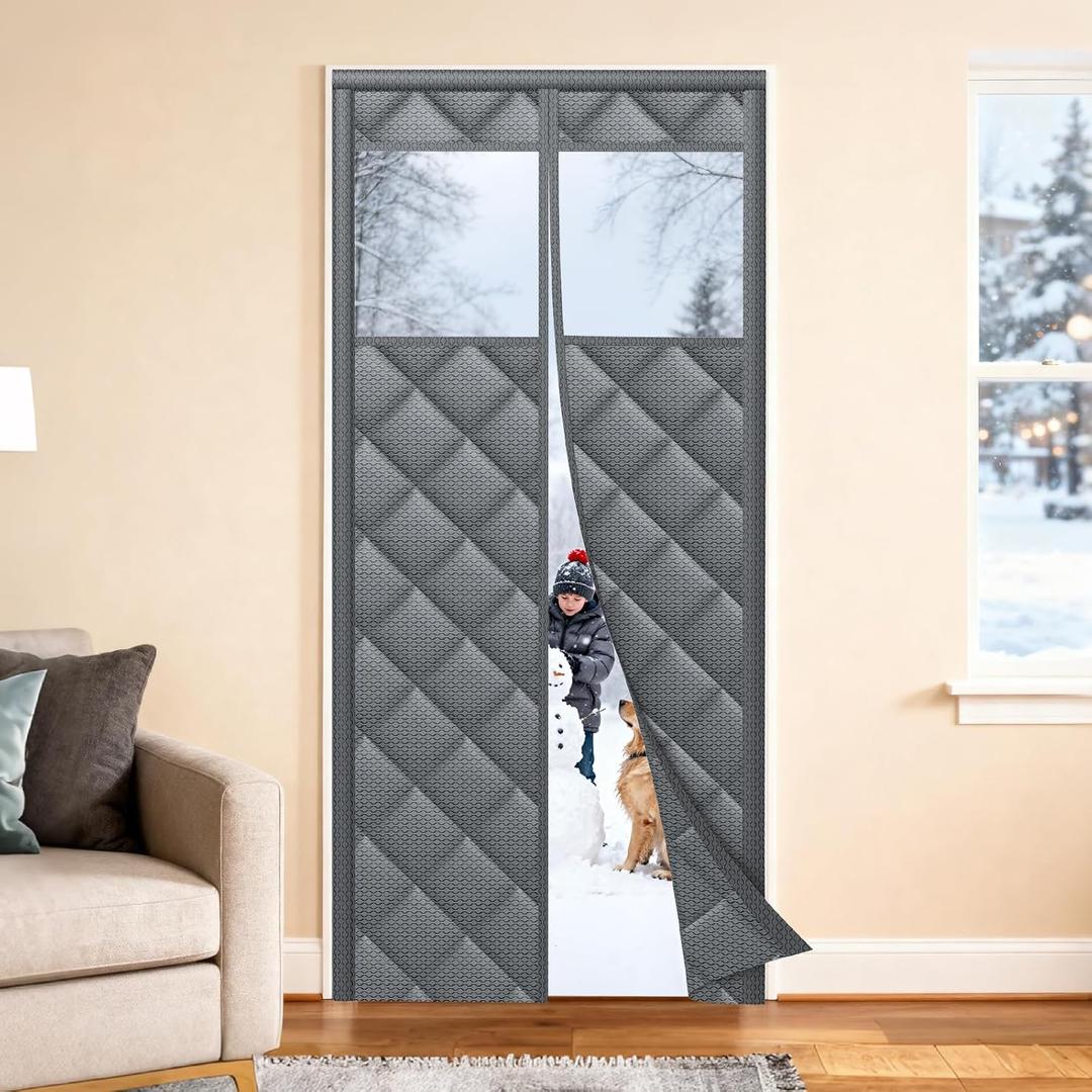 Magnetic Thermal Insulated Door Curtain with Transparent Window Insulated Door Cover Upgraded Oxford Filled with Thicken Cotton Thermal Insulated Curtains for Winter Waterproof and Windproof, Grey (38"W x 82"L (Pack of 1))