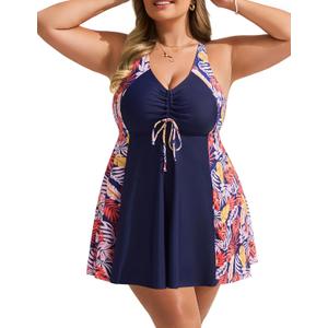 Hanna Nikole Women's Tankini Swimsuit Plus Size Color Block Tummy Control Swimdress Elegant Bathing Suit with Boyshort (Navy Blue/ Red Leaves)