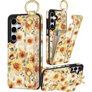 Petitian for Samsung Galaxy A16 5G Case with Wallet - Women Girls Cute Girly Aesthetic Unique Design Leather Credit Card Holder Cardholder Stand Wristband for Galaxy A16 5G, Sunflower