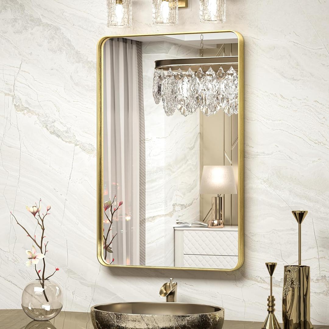TokeShimi 20 x 30 Inch Gold Bathroom Wall Mirror Vanity Metal Frame Round Corner Rectangular for Home Decor Living Room Entryway (Horizontal/Vertical)
