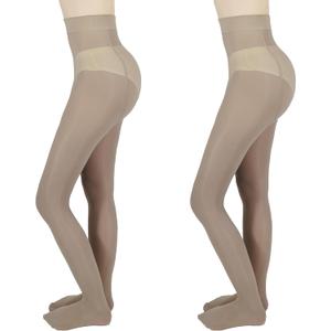 2-Pack Slightly Transparent Tights for girls & women, High Elasticity Sheen Pantyhose, For Work Dance Casual. (Medium Petite, Tan-footed)
