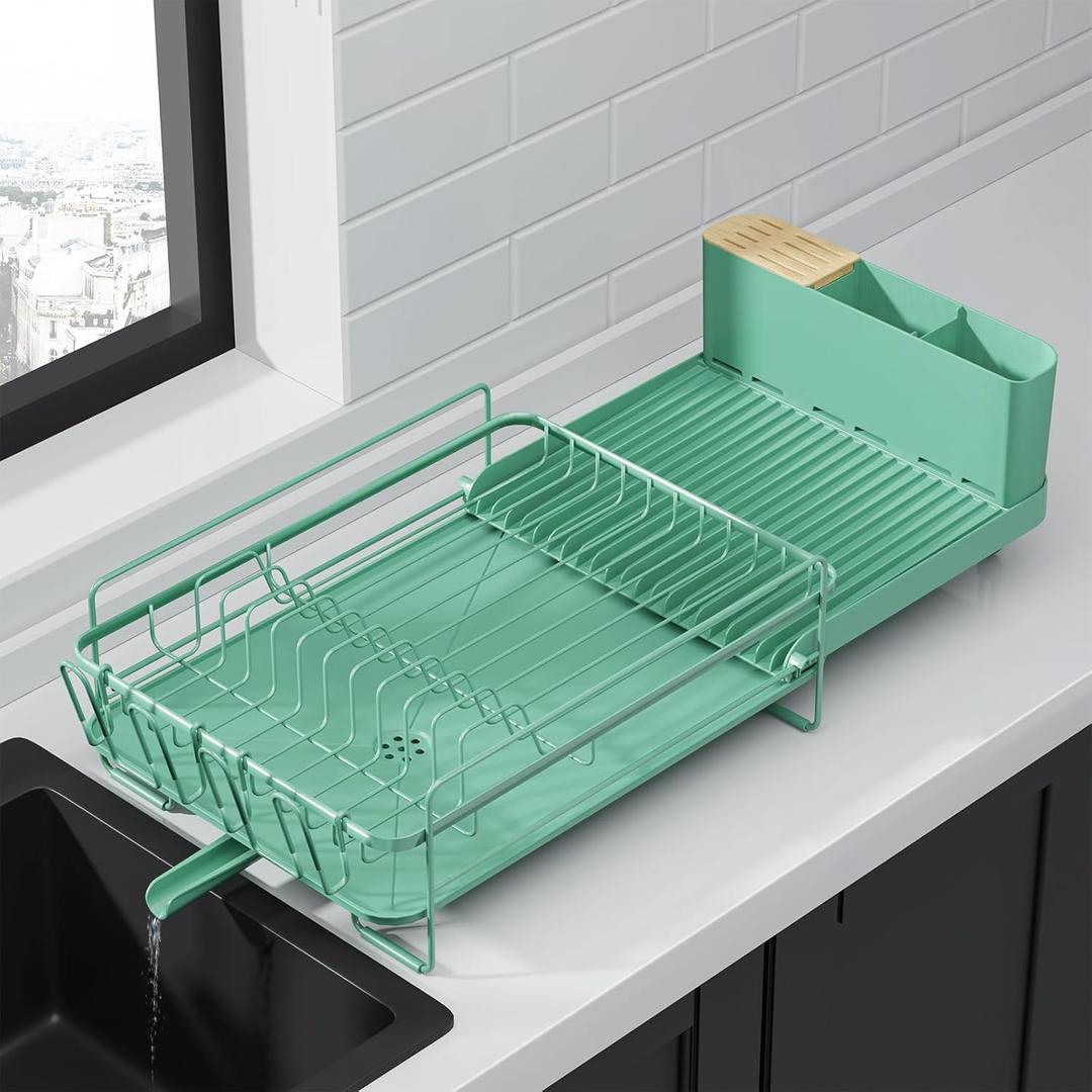 Kitsure Large Dish Drying Rack - Extendable Dish Rack, Multifunctional Dish Rack for Kitchen Counter, Anti-Rust Dish Drainers with Cutlery & Cup Holders 19.2"-26.7" L x 12.9" W, Green (Standard)