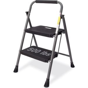 GOLYTON Folding 2-Step Ladder with Anti-Slip Platform and Handrail, Heavy Duty Steel, 500 lbs Capacity, Compact Portable Step Stool for Home, Kitchen & Office Use, Grey