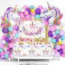 Unicorn Party Decorations Kit - 135-Piece Set with 3D Foil Balloons, Backdrop, Table Cover, Tassel Curtains & Garland Making Supplies - Pink, Rose Gold, Purple Theme (Includes Balloon Arch Kit)