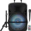 ABX-12S 12" Portable Bluetooth PA Speaker w/Stand & Mic, USB, TF, FM, AUX, 1/4" Mic Jack, Rechargeable Battery, Trolley Handle & Wheels, Perfect for DJ, Parties, & Events