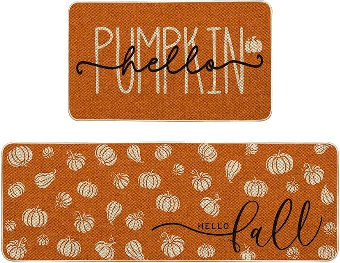 Fall Kitchen Mats Set of 2 17x29 and 17x47 Inch Hello Pumpkin Non-Slip Rugs Low-Profile Autumn Kitchen Floor Mat Rustic Farmhouse Thanksgiving Seasonal Decor for Home Entryway Sink Orange