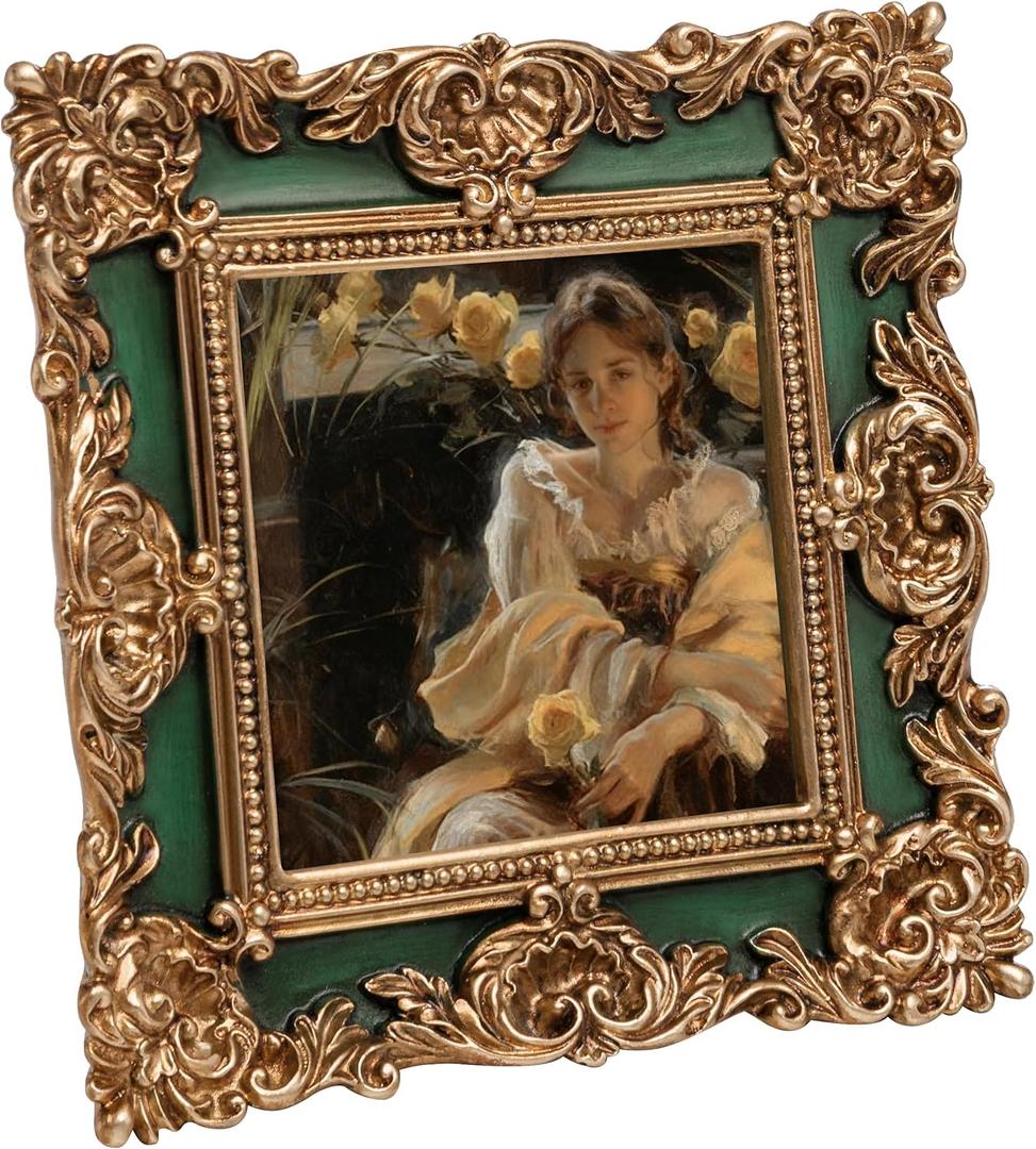 eletecpro 4x4 Vintage Picture Frame with Real Glass Cover, Ornate Antique Photo Frame, Display 4x4 Picture for Tabletop or Wall, Green Home Decor for Gallery Art