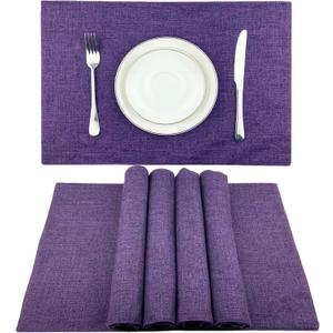 Weabetfu Cloth Placemats Set of 6 Heat Resistant Dining Table Placemmats Cotton Linen Machine Washable Kitchen Table Mats Wrinkle Free Thick Fabric Place Mat,Easy to Clean,13"x19" Purple