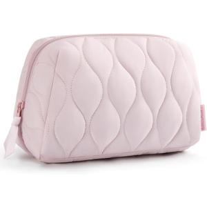 BAGSMART Makeup Bag, Travel Cosmetic Bag, Puffy Padded Make Up Bag for Women, Makeup Organizer Case, Wide-open Pouch Purse, Travel Essentials, Toiletries Accessories Brushes, Pink