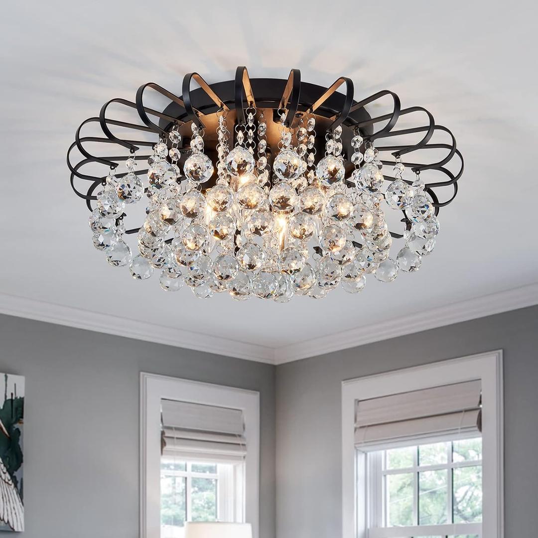 CVKASH Crystal Floral Chandelier 4-Light Antique Modern Black Flush Mount Raindrop Crystal Ceiling Lighting Fixture Chandelier for Living Room Bedroom Dining Room Entryway D17.71 H8.26 (17.9 Inch)