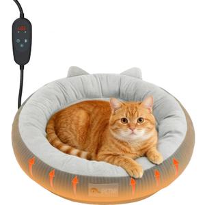 Heated Cat Bed Indoor Pets  Adjustable Temperature 86-131 Cat Heating Pad with Timer, Chew Resistant 87 Inch Cord, Washable Cover, Round Cozy Donut Pet Bed for Small Cats Kittens Dogs