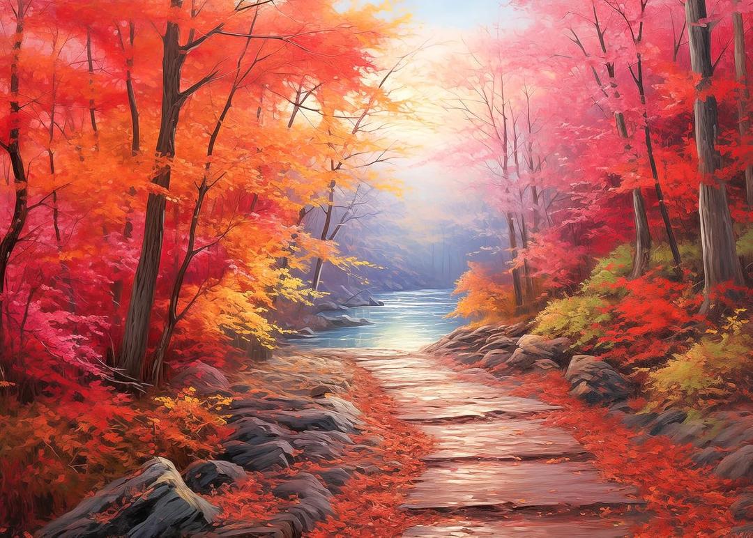 Maple Path 1000 Piece Jigsaw Puzzle - Red Maple Forest Oil Painting Puzzle for Adults