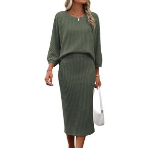 HBQ Women's 2 Piece Sweater Skirt Sets Ribbed Knit Loose Lantern Sleeve Top Midi Skirt Outfit Casual Loungewear Sets, Size M