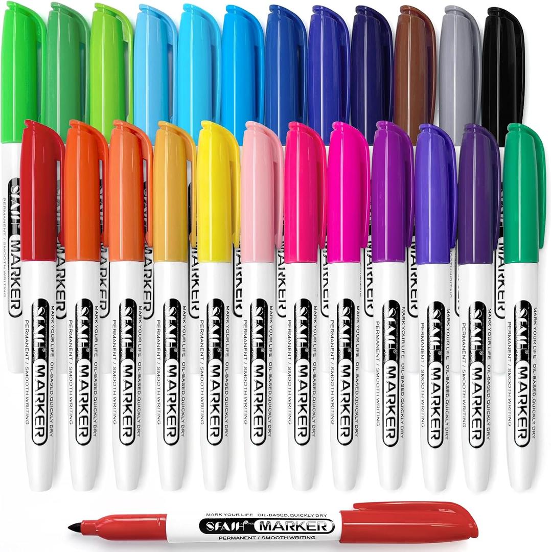 SFAIH 24 Colors Permanent Markers - Assorted Vibrant Colors, Quick Drying, Fade Resistant, Alcohol-Based Fine Point Permanent Markers for Paper, Plastic, Wood, Coloring, Drawing, Doodling, Waterproof