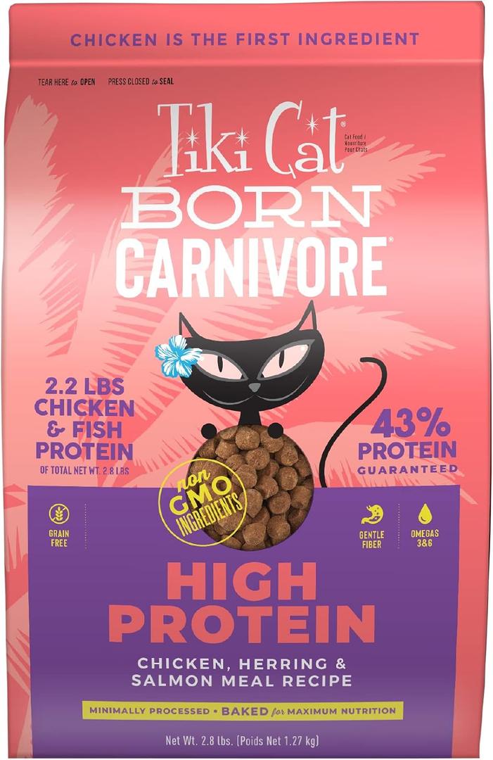 Tiki Cat Born Carnivore High Protein Dry Cat Food, Chicken, Herring & Salmon Meal, 2.8 lbs. Bag (EXP 02/20/28)
