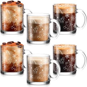Maxcheck 6 Pack 12 oz Christmas Hot Chocolate Mugs Gingerbread Glass Coffee Cups Xmas Gifts Bulk Clear Drinking Glasses with Handle for Xmas Party Supplies Decorations