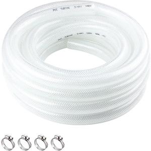 High Pressure Braided Clear Flexible PVC Tubing 3/4" ID x 1" OD - 25 Ft Heavy Duty Reinforced Vinyl Hose with 4 Stainless Clamps