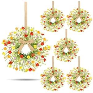 6 Pcs Mini Wildflower Cabinet Wreath with Linen Ribbon Colorful Spring Candle Ring Wreaths Artificial Wild Flower Pillar Candle Holders for Farmhouse Table Wall Decor Porch Front Door Window