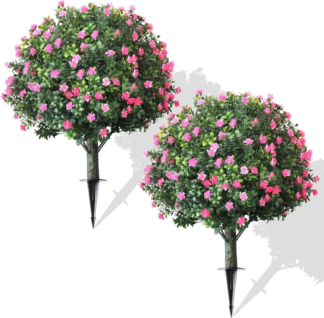 2-Pack Artificial Boxwood Topiary Ball Plant with Pink Flowers, Ground Stake, UV-Resistant Outdoor & Indoor Decorative Flowers
