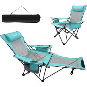 Reclining Camping Chair 4 Position with Foot Rest Comfortable for Adults 265Ibs Folding Lounger Mesh Beach Chair with Cooler Bag and Cup Holder for Outdoor Patio