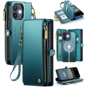 Defencase for iPhone 12/ Pro Magnetic Wallet Case Compatible with Magsafe with RFID Blocking Zipper Strap Card Holder for Women, PU Leather Detachable Case for iPhone 12 & 12 Pro 6.1 inch, Blue Green