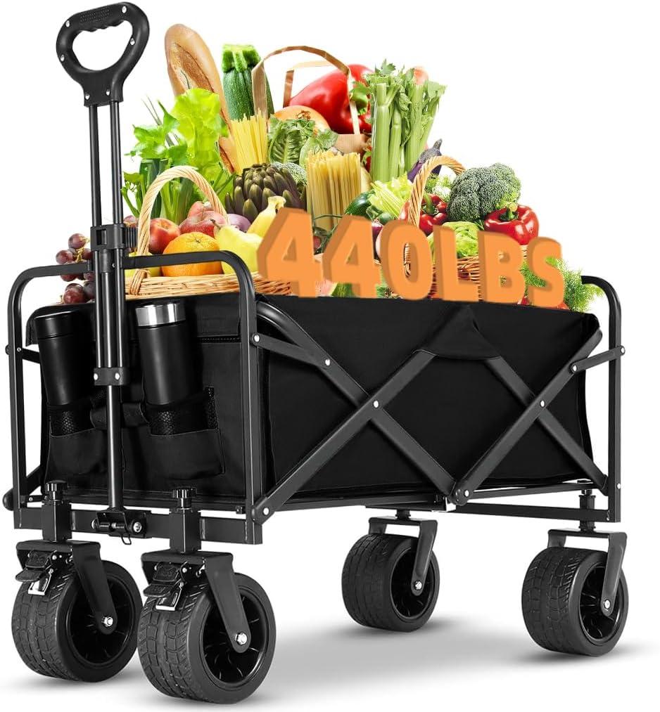 Wagon, Wagons Carts Foldable Collapsible Wagon with 440lbs Weight Capacity Shopping Carts for Groceries Beach Garden Sports and Camping