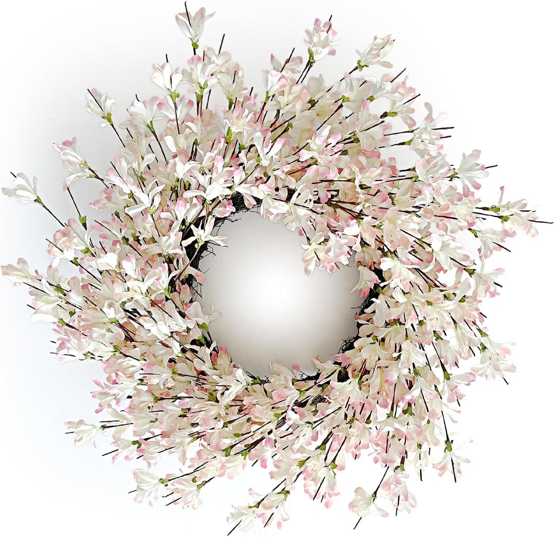Spring Wreath for Front Door, 24 Inch Spring Forsythiaon Wreath Front Door Pink Forsythiaon Grapevine Wreaths for Festival Celebration Front Door Wall Window Decoration Home Decor