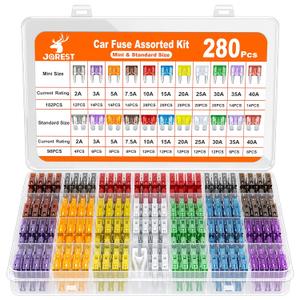 JOREST 280 Pcs Fuse Kit,182 Mini Car Fuses Assortment + 98 Standard Auto Blade Fuse, Replacement for Tool Automtive RV Motorcycle Truck Accessories(2A 3A 5A 7.5A 10A 15A 20A 25A 30A 35A 40AMP)