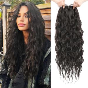 Molefi Curly Hair Topper 26inch Long Wavy Hair Toppers with Bangs for Women Synthetic Wiglets Hairpieces for Adding Volume Black Brown