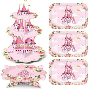 5 Pcs Princess Cupcake Stand Princess Birthday Party Decorations 3 Tier Castle Cupcake Stand, 1 Tier Cake Holder, 3 Floral Serving Trays for Birthday Baby Shower Wedding Tea Party Supplies