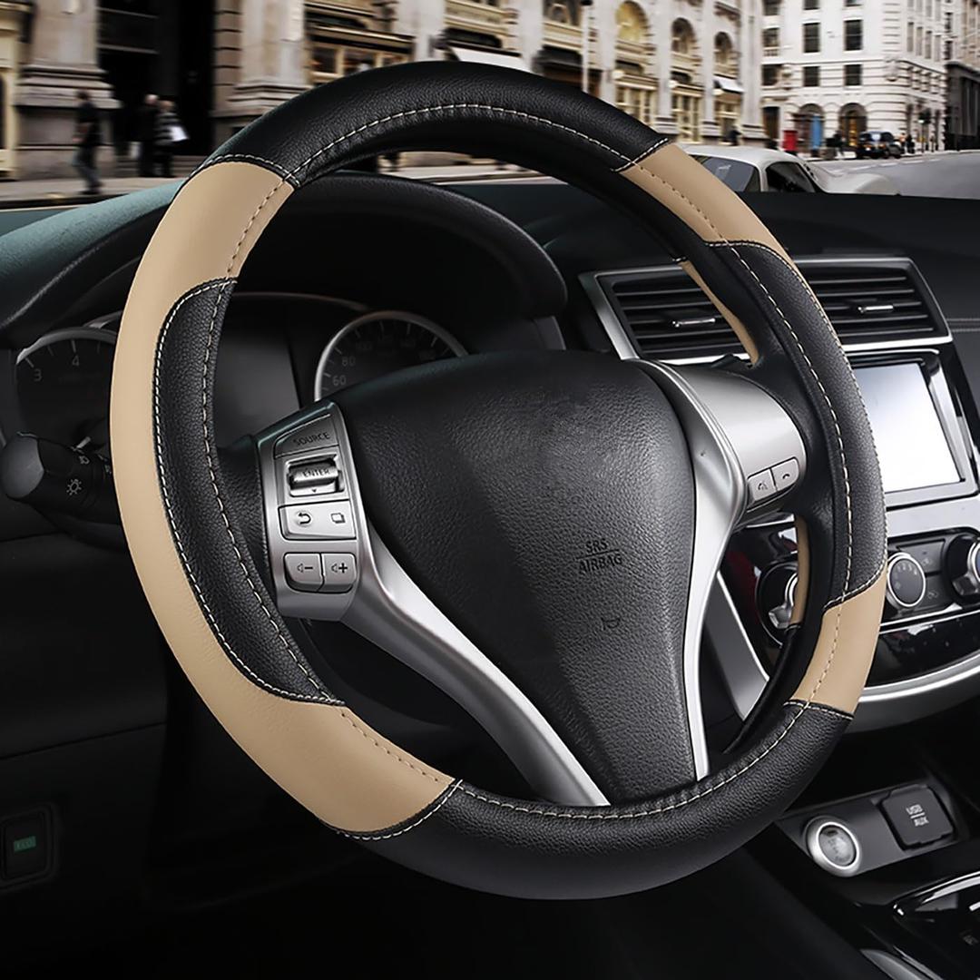 Leather Car Steering Wheel Cover, Non-Slip Car Wheel Cover Protector Breathable Microfiber Leather Universal Fit for Most Cars, 15 Inches (Beige)