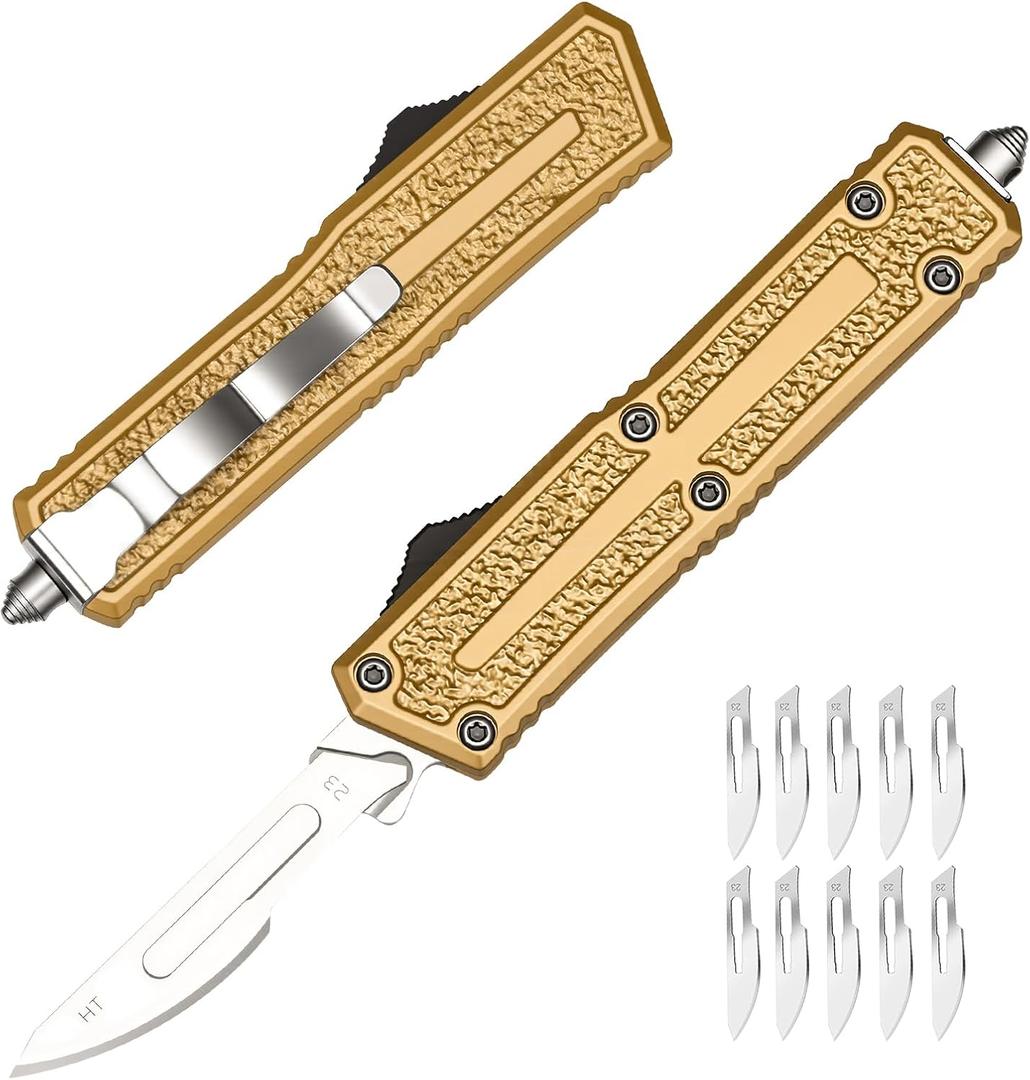 Utility Knife, All-Metal Manual Box Cutter with Quick-Change Stainless Steel Blade,Folding Cutting Tool Set with 10pcs #23 Replacement Blades,GOLD