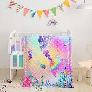 Datura Home Crib Bedding Set - 3pc Nursery Set with Comforter, Crib Sheet & Skirt, Mermaid Scales Printed Bedding for Baby Boys & Girls