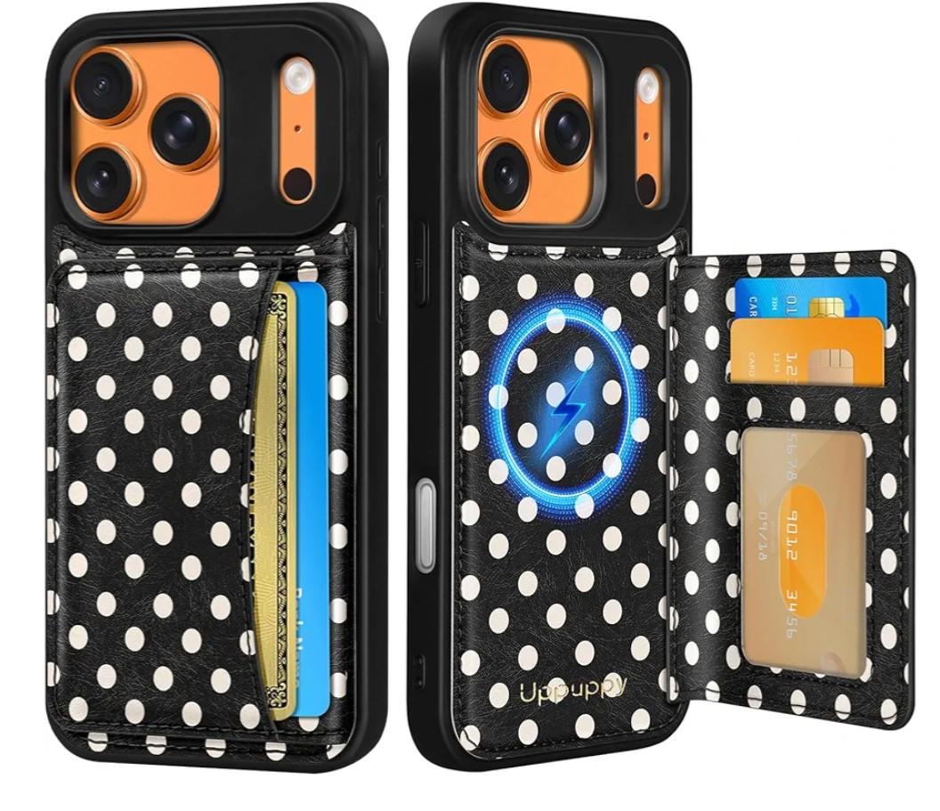 for iPhone 17 Pro Max Case with Wallet - Fits 4 Card Slots, Compatible with MagSafe for Women Aesthetic PU Leather Credit Card Holder Kickstand Phone Cover for Apple 17 Promax, Polka Dots