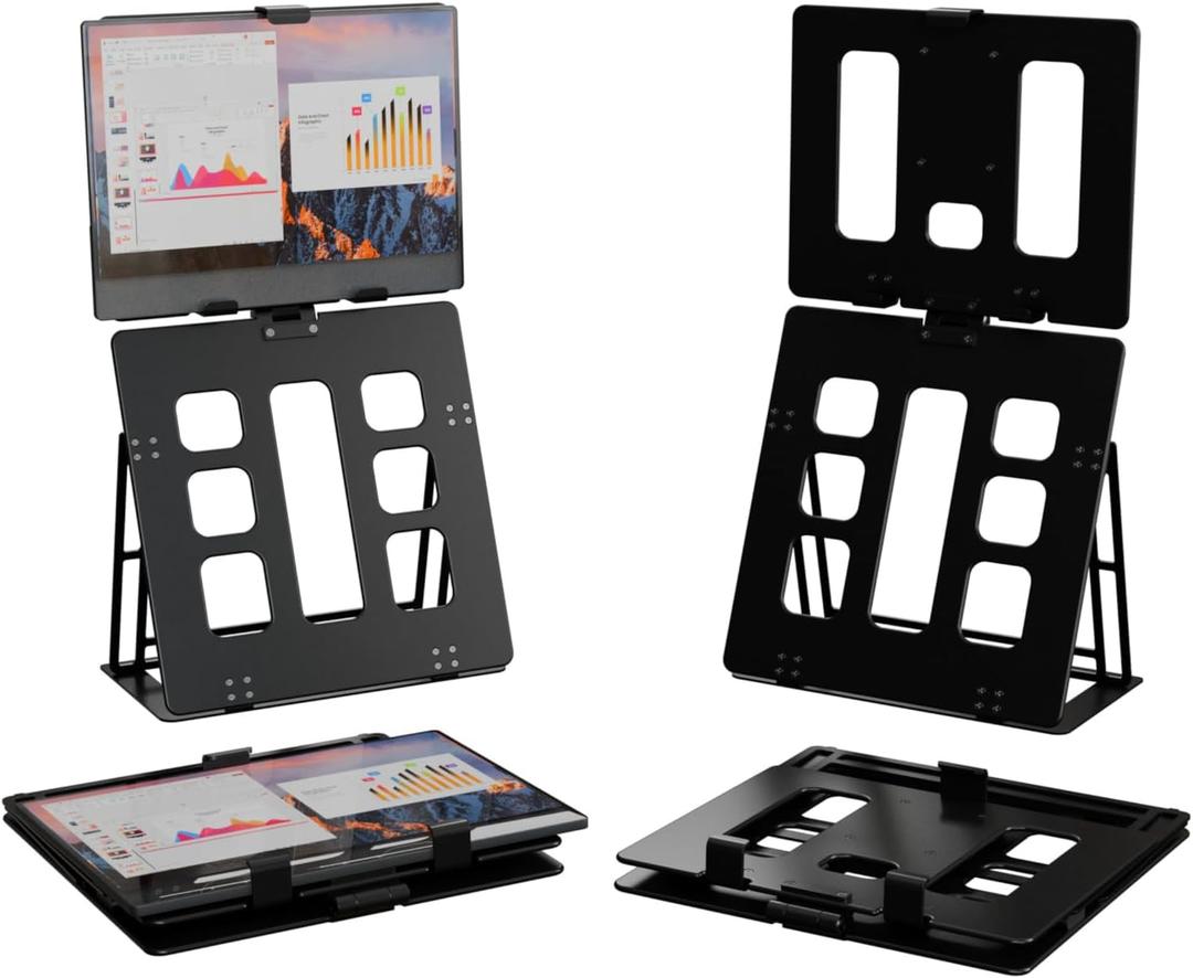 HNL Portable Monitor Stand, iPad & Tablet Holder, clamp Retention, Foldable, mountable Small Desk, Supports 7.75 inch to 10.75 inch Screen Width, Travel with Laptop, Black