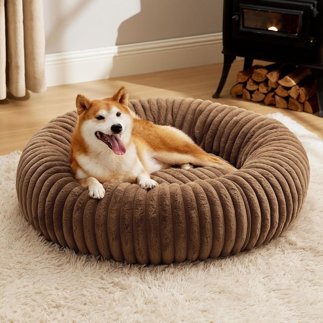 Bedsure ComfyFleece Donut Large Dog Bed - Washable Faux Fur with Corduroy Fleece & Anti Slip Bottom, Round Pet Bed with Removable Cover, Camel Brown, 36x36x8 inches